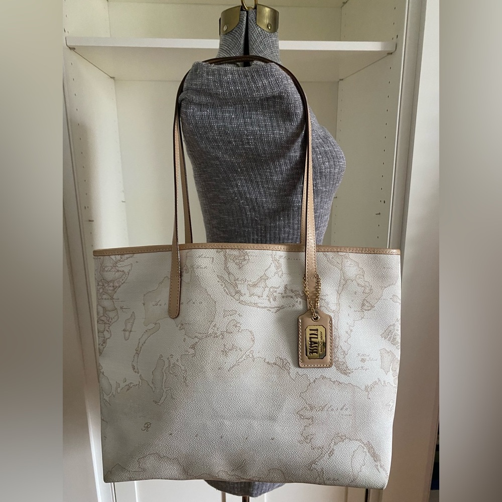 Alviero Martini 1 Classe Leather Map Tote Bag in White